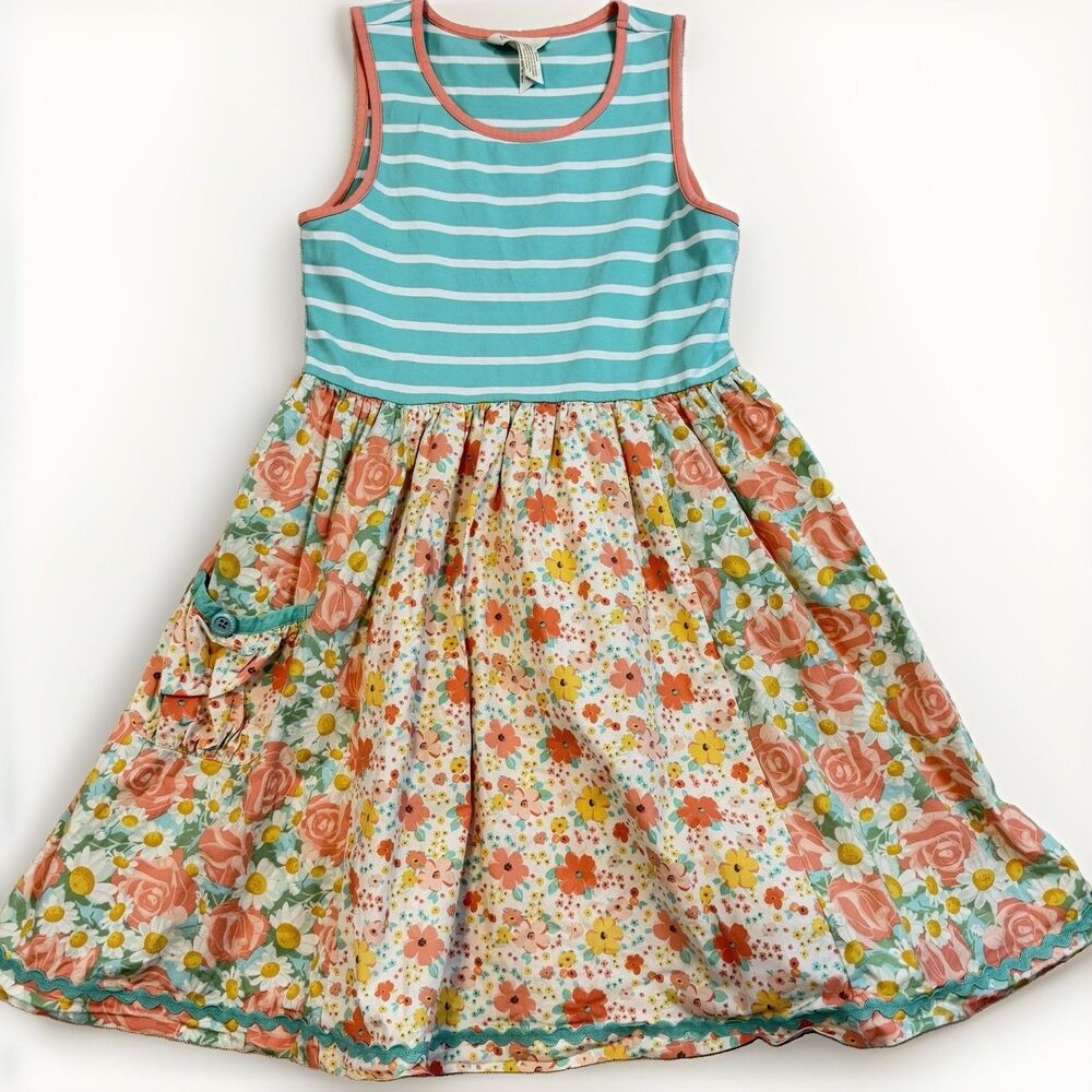 Matilda Jane Girls Size 14 Dress Floral Striped Sleeveless Pocket Colorful